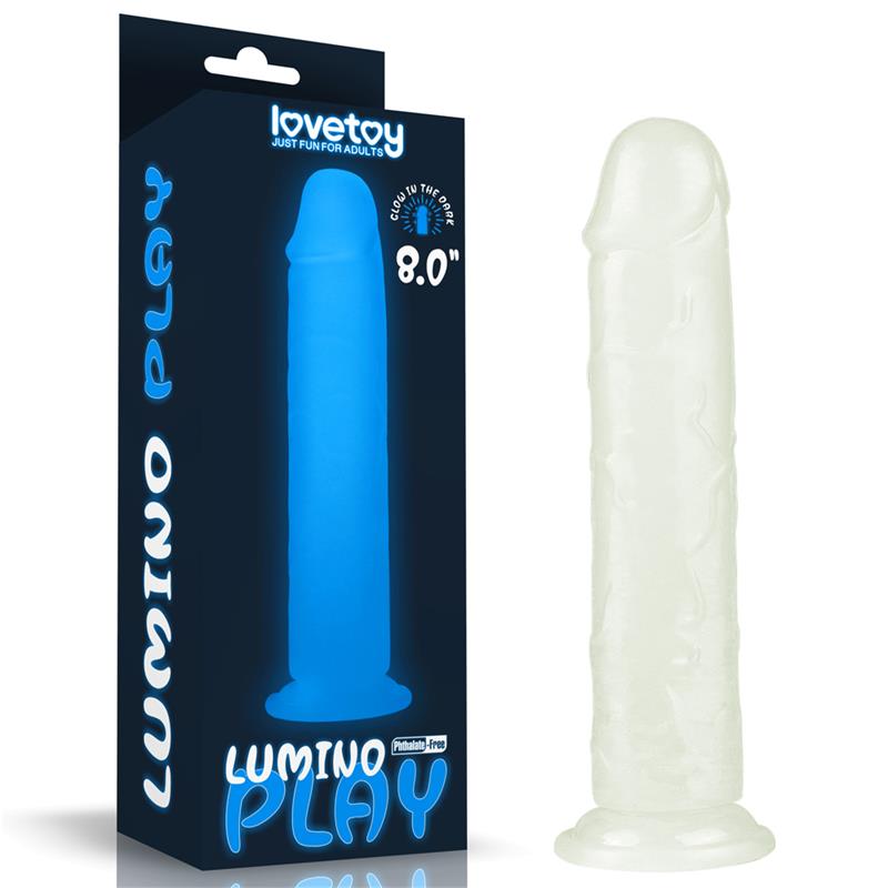 Švytintis dildo su mėlyna šviesa ir ventosa pagrindu