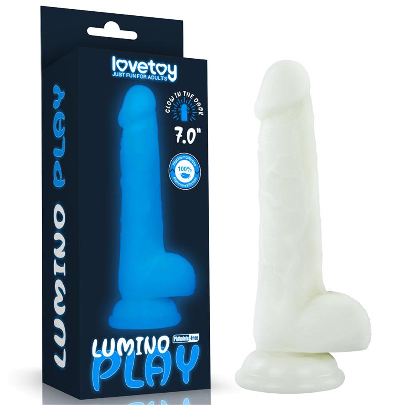 Švytintis dildo su siurbtuku ir realistiška tekstūra