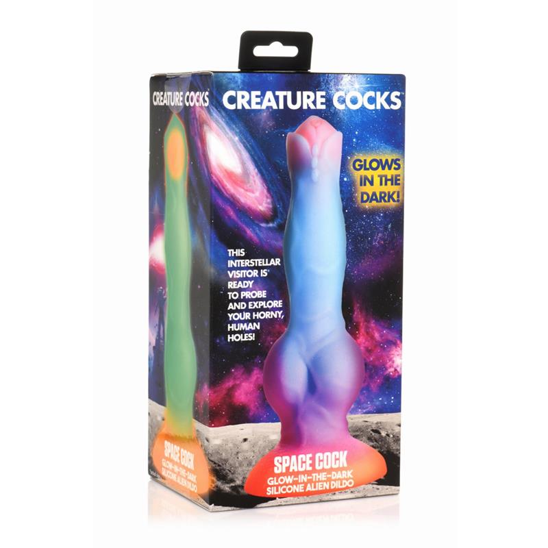 Silikoninis dildo su plačiu siurbtuku ir švytėjimu