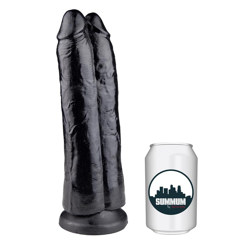 Dvigubas dildo su siurbtuku ir tekstūruotu paviršiumi