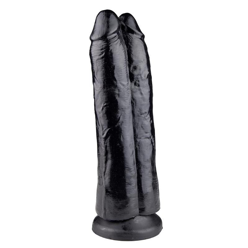 Dvigubas dildo su siurbtuku ir tekstūruotu paviršiumi
