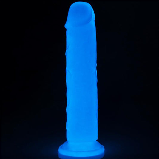 Švytintis dildo su mėlyna šviesa ir ventosa pagrindu