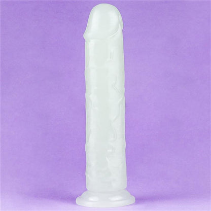 Švytintis dildo su mėlyna šviesa ir ventosa pagrindu