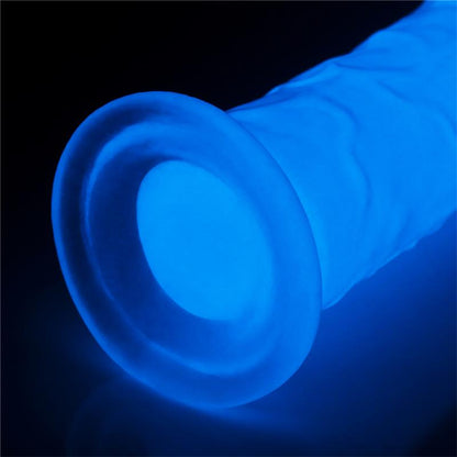 Švytintis dildo su mėlyna šviesa ir ventosa pagrindu