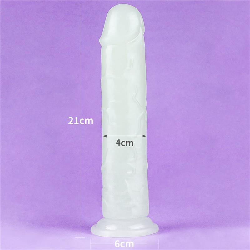 Švytintis dildo su mėlyna šviesa ir ventosa pagrindu