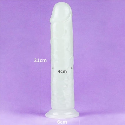Švytintis dildo su mėlyna šviesa ir ventosa pagrindu