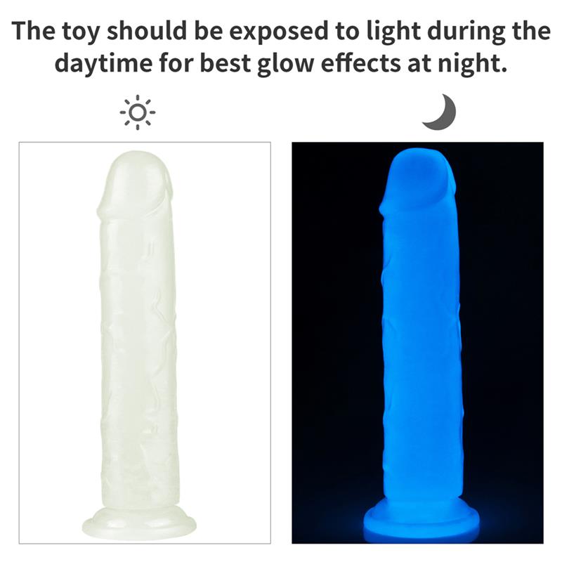 Švytintis dildo su mėlyna šviesa ir ventosa pagrindu