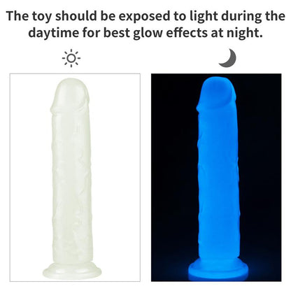 Švytintis dildo su mėlyna šviesa ir ventosa pagrindu