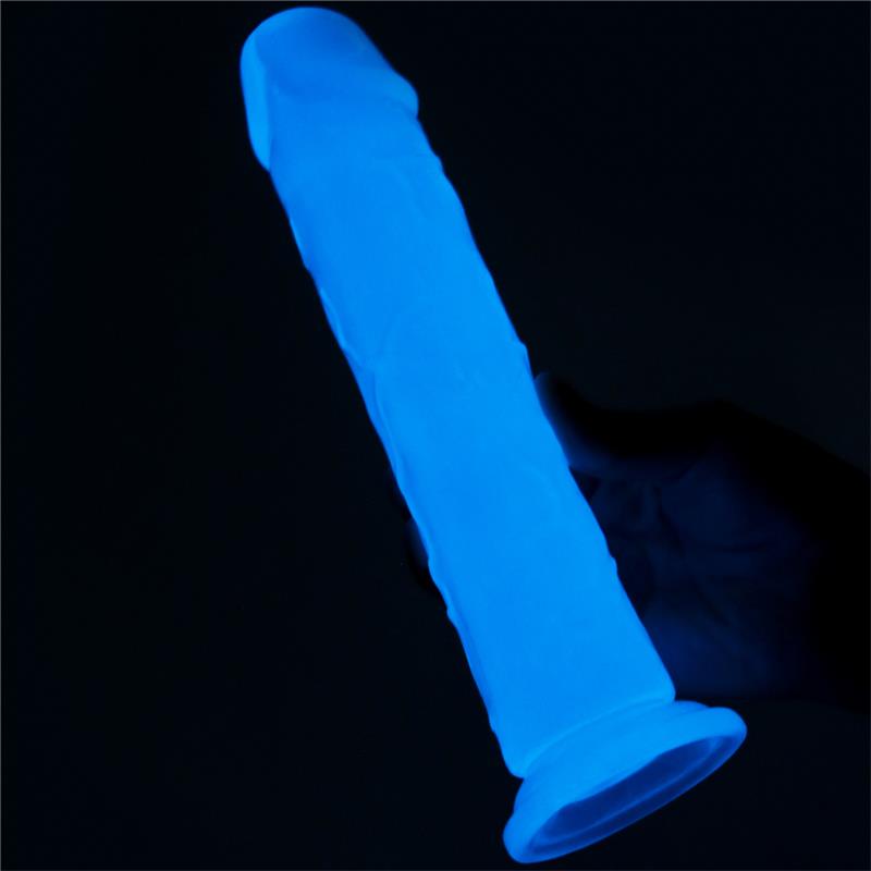 Švytintis dildo su mėlyna šviesa ir ventosa pagrindu