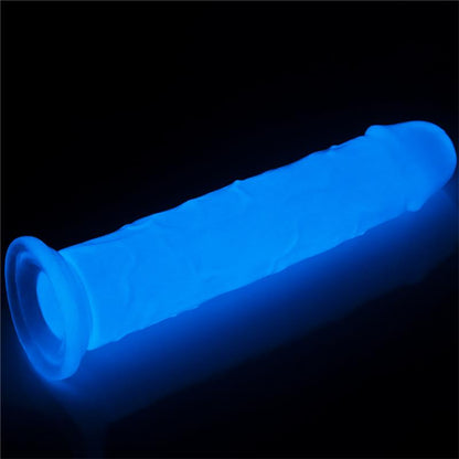 Švytintis dildo su mėlyna šviesa ir ventosa pagrindu