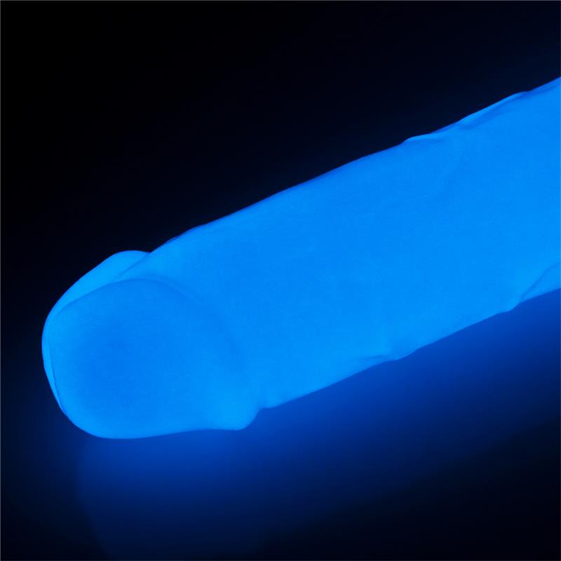 Švytintis dildo su mėlyna šviesa ir ventosa pagrindu