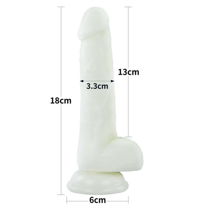 Švytintis dildo su siurbtuku ir realistiška tekstūra