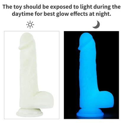 Švytintis dildo su siurbtuku ir tikroviška tekstūra