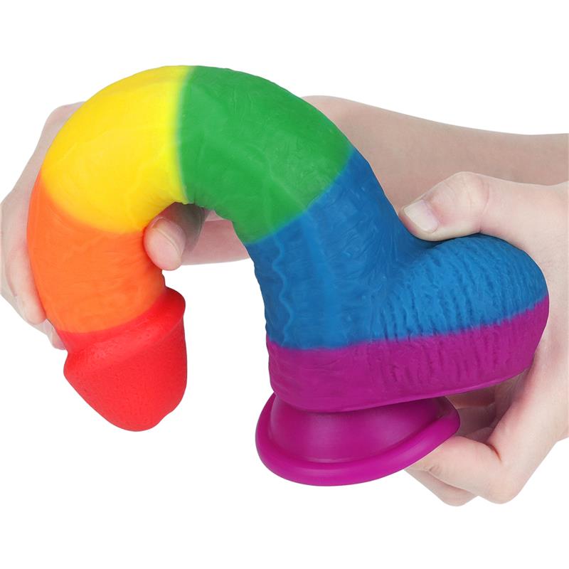 Vaivorykštės spalvų dildė su siurbtuku ir ergonomika
