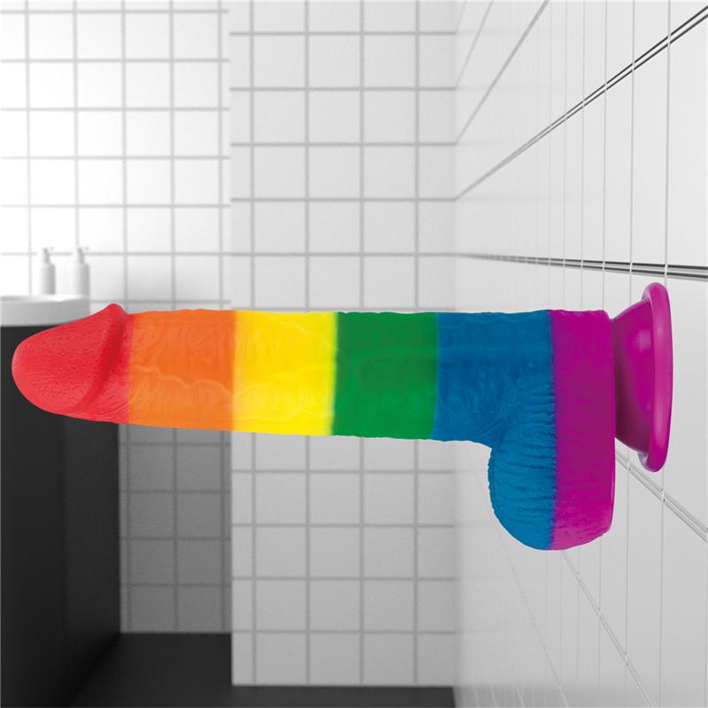 Vaivorykštės spalvų dildė su siurbtuku ir ergonomika