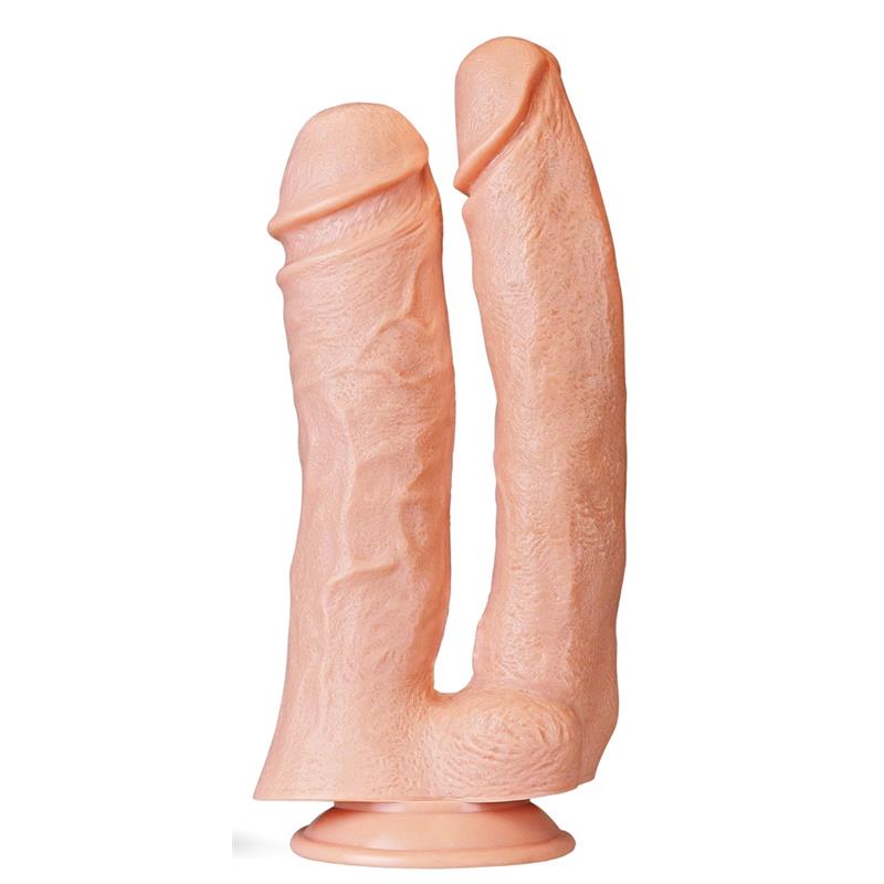 Dvigubas dildo su siurbtuku ir tikroviška tekstūra
