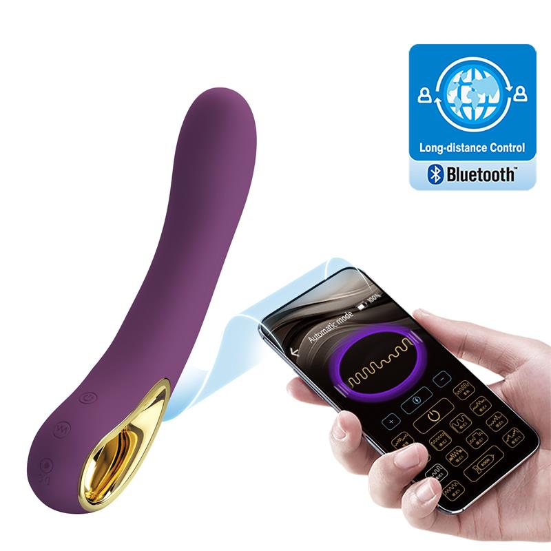 Vibratorius su pasvirusiu galu ir Bluetooth valdymu