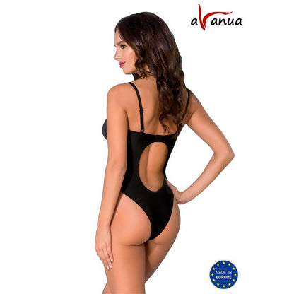 Juodas bodis su tinklelio intarpais ir elegancija